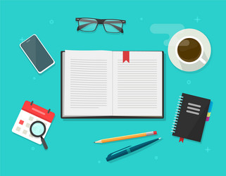 Book or notebook diary open on learning desk table vector