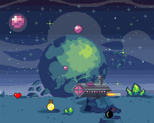 Cosmic scene in pixel art space and spaceship vector