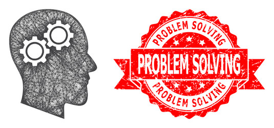 Grunge problem solving seal and hatched head gears vector