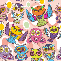 seamless pattern sketch owls on a pink background vector image