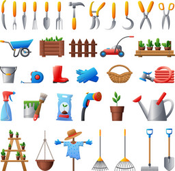 Gardening tools icons set cartoon style vector