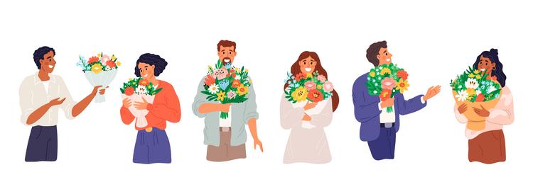 Happy people with beautiful flowers cute men vector