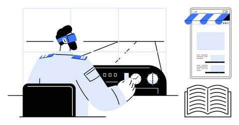 pilot navigating flight deck with virtual reality vector image