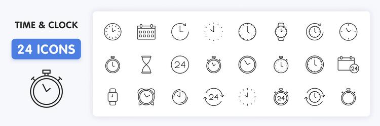 Set of 24 time and clock web icons in line style vector