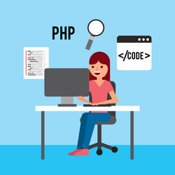 Girl sitting working laptop program code php vector