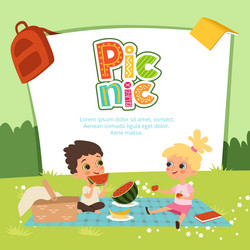 Picnic banner kids sitting in the garden and eat vector