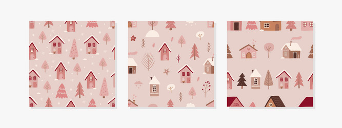 Three christmas patterns with houses and trees vector