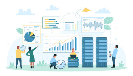 business data analysis on dashboard tiny people vector