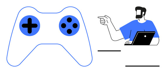 gamer pointing at screen while holding controller vector image