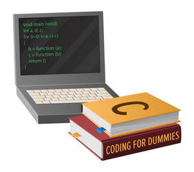 open laptop and books for program code creation vector