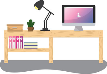 office desk with computer and lamp books vector