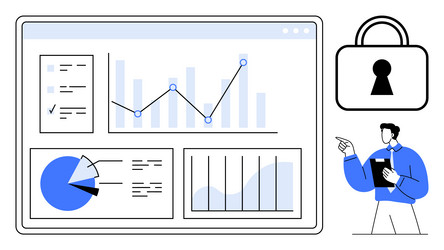 data analyst reviewing graphs and charts on large vector image