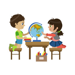 boy and girl with the globe vector