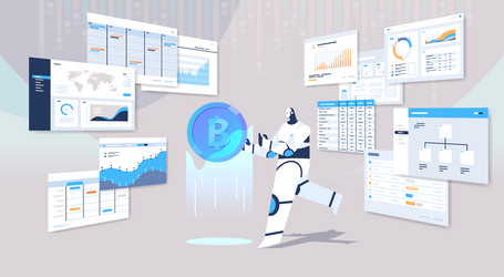 robot holding bitcoin crypto currency digital web vector image