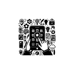 hands using mobile phones with various app icons vector image