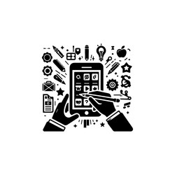 hands using mobile phones with various app icons vector image