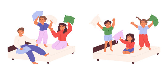 Set of kids fighting with pillows happy small vector