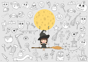 Witch cute and black cat ride on the swinging vector