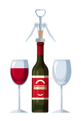 uncorked bottle with corkscrew and two glasses vector