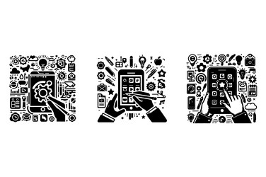 hands using mobile phones with various app icons vector image