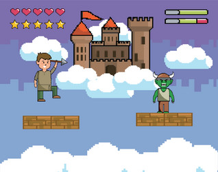 Arcade game world and pixel scene design vector