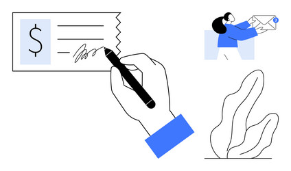 hand signing a check with person holding vector image