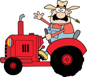 happy farmer in red tractor waving a greeting vector