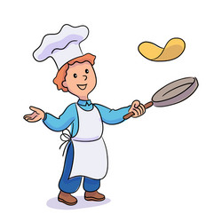 Little boy cook tossing pancakes in frying pan vector