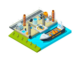 seaport isometric cargo ship oil tanks seaside vector