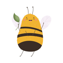 Cute smiling bee with a leaf vector