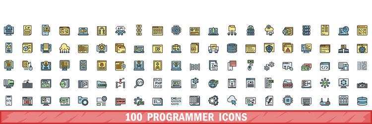 100 programmer icons set color line style vector image