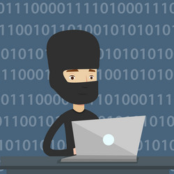 Hacker using laptop to steal information vector