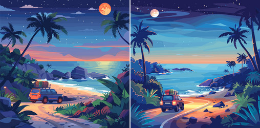 beach night trip cartoon scenes car suv Vector Image