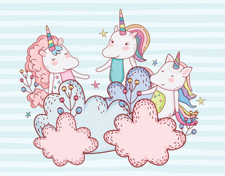 Cute unicorn friends with plants in the clouds vector