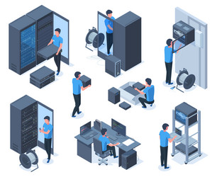 isometric engineers characters serve data center vector