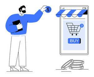 man making online purchase using smartphone e vector image
