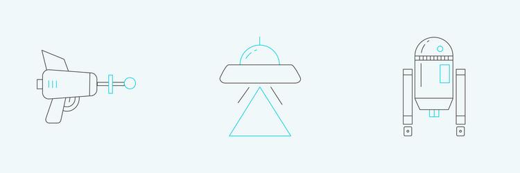 set line robot ray gun and ufo flying spaceship vector image
