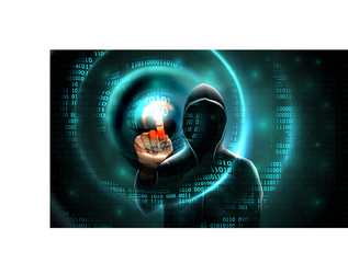 Computer hacker with a hood touches touch vector