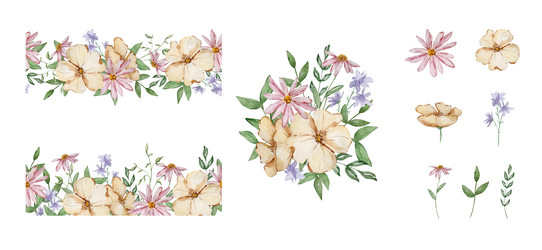 border with watercolor garden flowers and leaves Vector Image