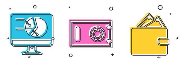 set computer monitor with graph chart safe vector image