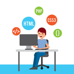 Man programmer working on his pc computer coding vector