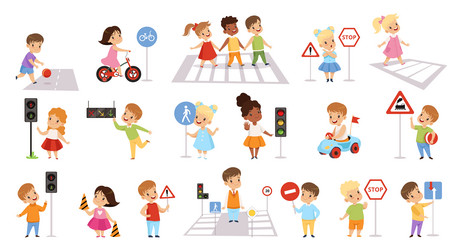 Road safety rules for children set kids crossing vector