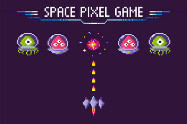 space pixel game aliens and spaceship pixelated vector