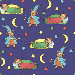seamless pattern with a sleeping bull and wizard vector image