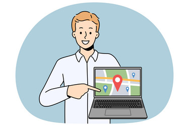 smiling man show gps tracker on map computer vector image
