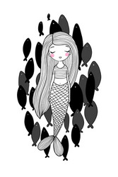 beautiful little mermaid and a flock of fish Vector Image