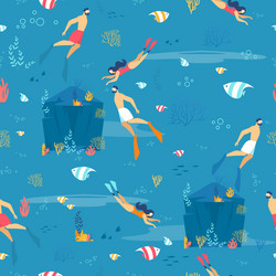 diving and underwater exploration seamless pattern vector