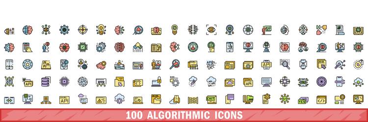 100 algorithmic icons set color line style vector image