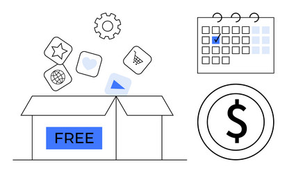 free items emerging from box with interface icons vector image