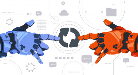 two robotic hands touch updating button on digital vector image